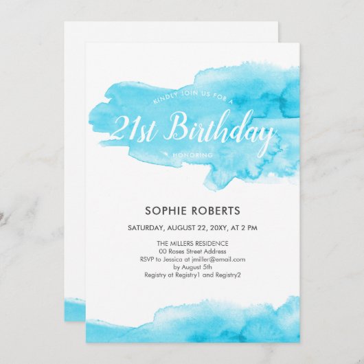 水彩ターコイズカラスプラッシュ21st誕生日 招待状 (正面/裏面)