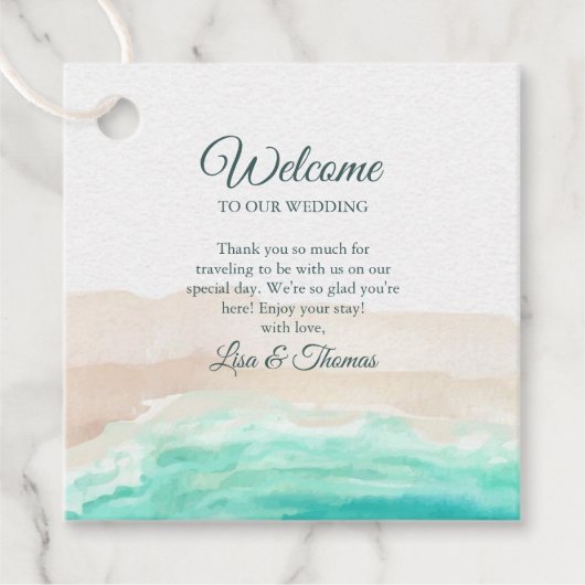 水彩ターコイズサンディビーチ結婚式へようこそ フェイバータグ (正面)