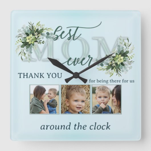 水彩ターコイズティール（緑がかった色）葉Mom写真 スクエア壁時計 (正面)