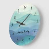 水彩ターコイズネイビーグラデーションブルーウェーブ番号 ラージ壁時計 (傾斜)
