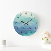 水彩ターコイズネイビーグラデーションブルーウェーブ番号 ラージ壁時計 (ホーム)
