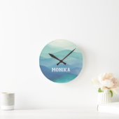 水彩ターコイズネイビーブルーグラデーションレイヤ ラウンド壁時計 (ホーム)