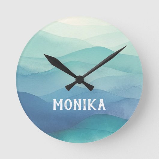 水彩ターコイズネイビーブルーグラデーションレイヤ ラウンド壁時計 (正面)