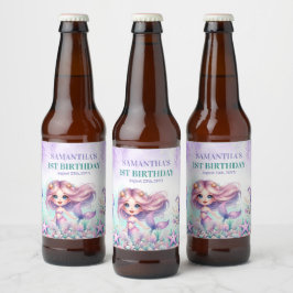 水彩ターコイズパープルマーメイド1歳の誕生日 ビールラベル