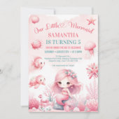 水彩ターコイズピンク人魚お誕生日 招待状 (正面)