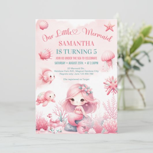 水彩ターコイズピンク人魚お誕生日 招待状 (スタンド正面)
