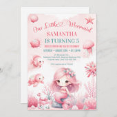 水彩ターコイズピンク人魚お誕生日 招待状 (正面/裏面)