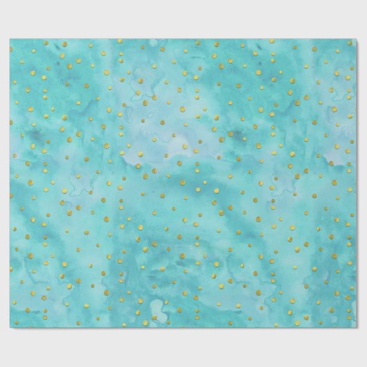 水彩ターコイズフェイク金ゴールド水玉模様ギフト ラッピングペーパー (フラット)