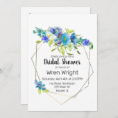 水彩ターコイズブルーパープルフローラ金ゴールドフレーム 招待状 (正面/裏面)