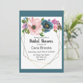 水彩ターコイズブルーパープルフローラ金ゴールドフレーム 招待状 (スタンド正面)