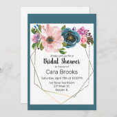 水彩ターコイズブルーパープルフローラ金ゴールドフレーム 招待状 (正面/裏面)