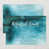 水彩ターコイズブルー+偽シルバー リハーサルディナー 招待状 (正面/裏面)