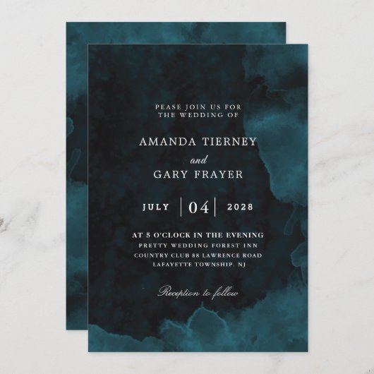 水彩ターコイズ及び黒結婚式招待状 招待状 (正面/裏面)