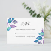 水彩ターコイズ紫の葉結婚葉 出欠カード (スタンド正面)