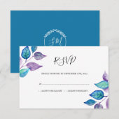 水彩ターコイズ紫の葉結婚葉 出欠カード (正面/裏面)