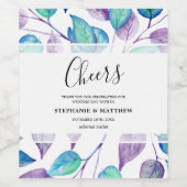 水彩ターコイズ紫結婚葉 ワインラベル (シングルラベル)