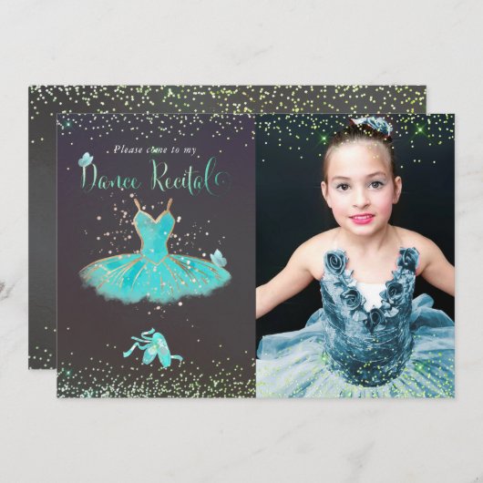 水彩ターコイズ色のチュチュダンス発表会 招待状 (正面/裏面)