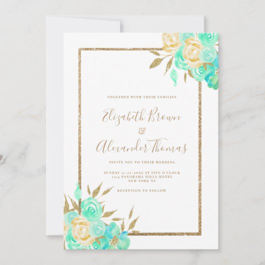 水彩ターコイズ金ゴールドグリッター結婚フローラ 招待状 (正面)