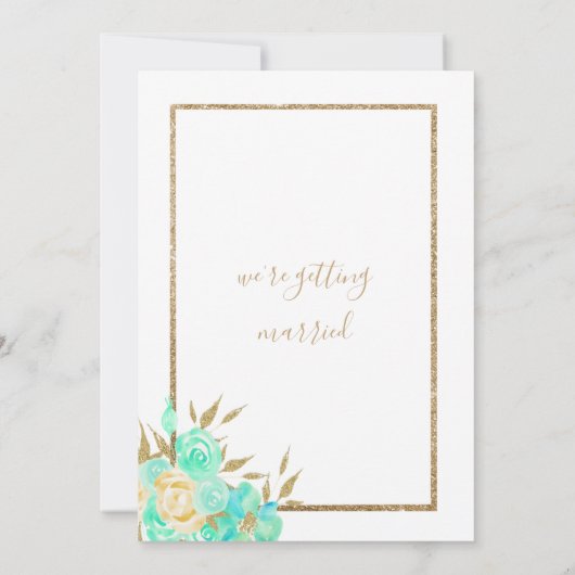 水彩ターコイズ金ゴールドグリッター結婚フローラ 招待状 (裏面)