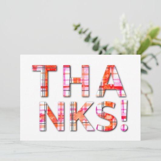 水彩タータンチェック格子柄ピンクオレンジ模様 サンキューカード (スタンド正面)