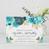 水彩タールグリーンとゴールドの花 21歳の誕生日 招待状 (スタンド正面)