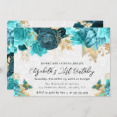 水彩タールグリーンとゴールドの花 21歳の誕生日 招待状 (正面/裏面)
