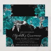 水彩タールグリーンとシルバーのバラのキンセアネラ 招待状 (正面/裏面)