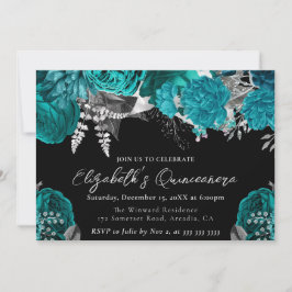 水彩タールグリーンとシルバーのバラのキンセアネラ 招待状