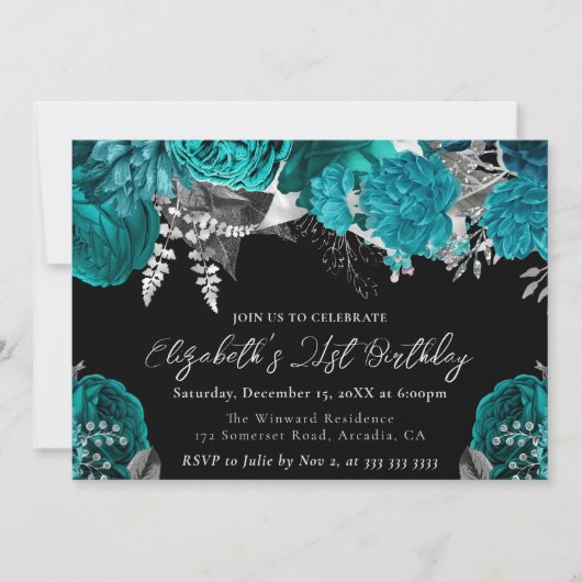 水彩タールグリーンとシルバーのバラ 21歳の誕生日 招待状 (正面)