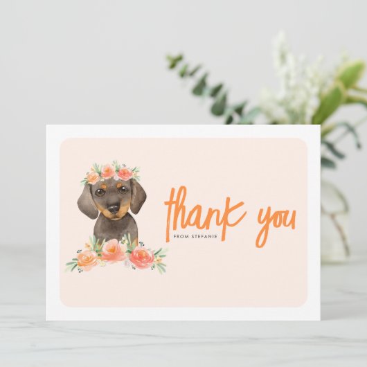 水彩ダシュント&ピーチフラワーズ誕生日 サンキューカード (スタンド正面)