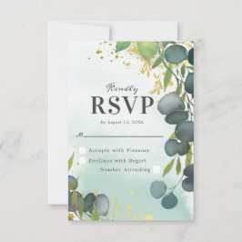 水彩ダスティグリーン金ゴールド結婚式RSVP 出欠カード