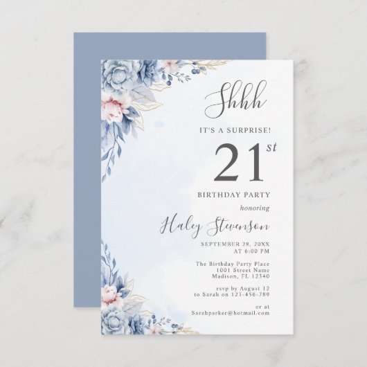 水彩ダスティブルーサプライズ21st誕生日パーティー 招待状 (正面/裏面)