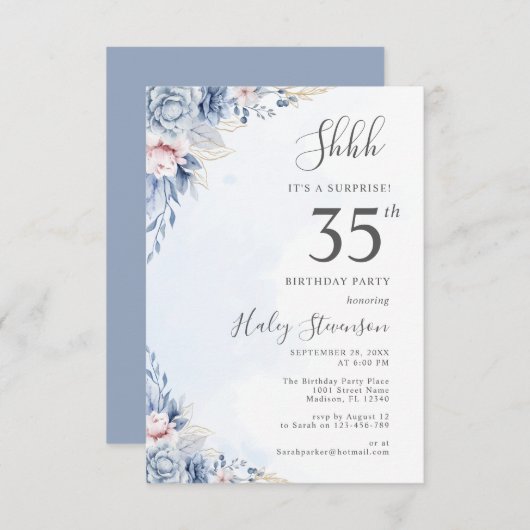 水彩ダスティブルーサプライズ35thバースデーパーティー 招待状 (正面/裏面)