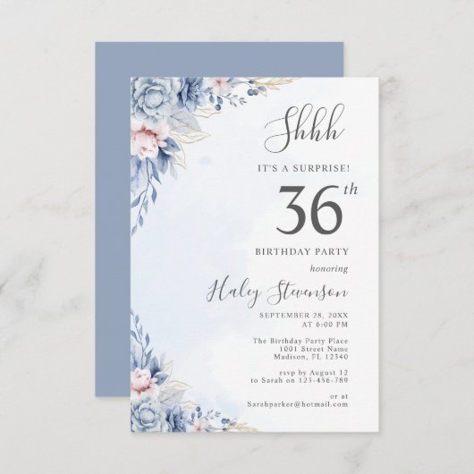 水彩ダスティブルーサプライズ36thバースデーパーティー 招待状 (正面/裏面)