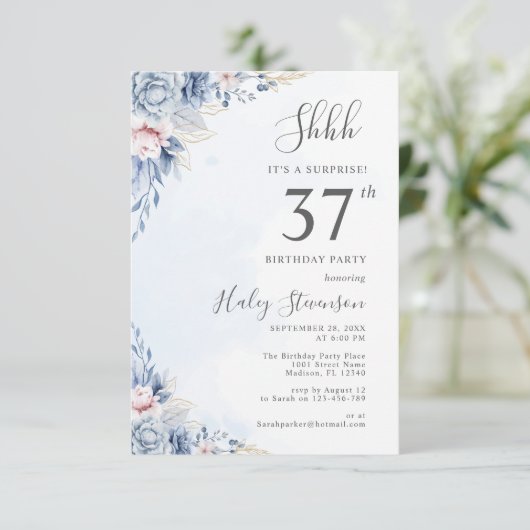 水彩ダスティブルーサプライズ37th誕生日パーティー 招待状 (スタンド正面)