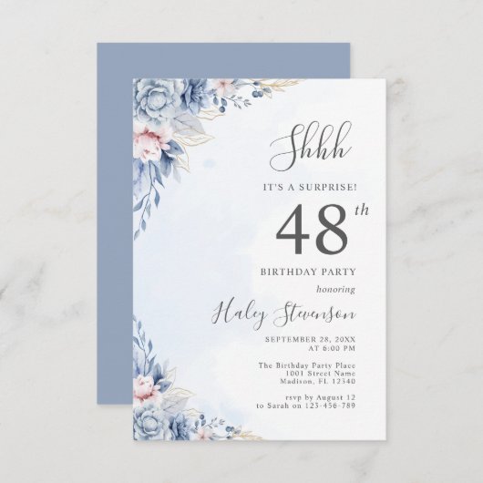 水彩ダスティブルーサプライズ48thバースデーパーティー 招待状 (正面/裏面)