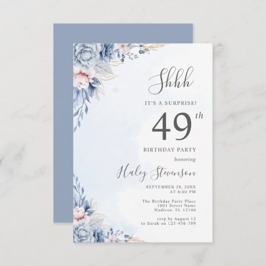 水彩ダスティブルーサプライズ49thバースデーパーティー 招待状 (正面/裏面)