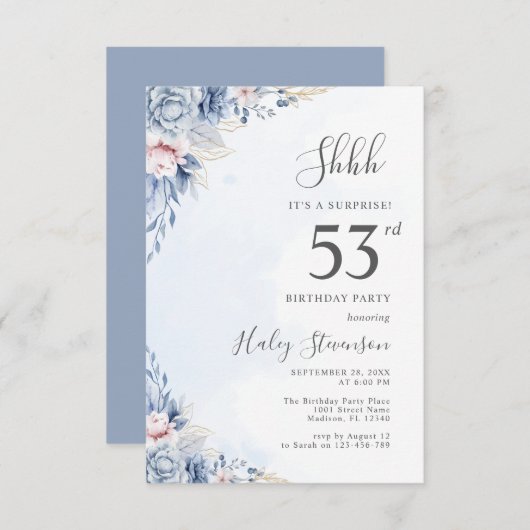 水彩ダスティブルーサプライズ53rd誕生日パーティー 招待状 (正面/裏面)