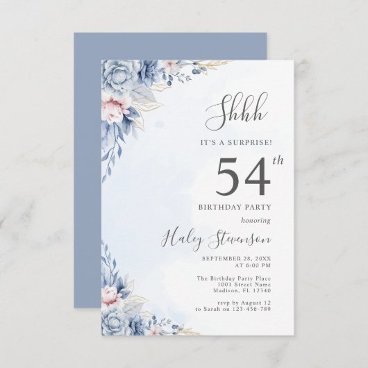 水彩ダスティブルーサプライズ54thバースデーパーティー 招待状 (正面/裏面)