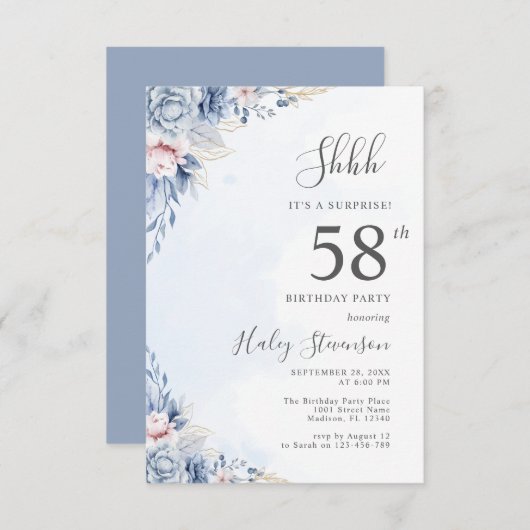水彩ダスティブルーサプライズ58thバースデーパーティー 招待状 (正面/裏面)