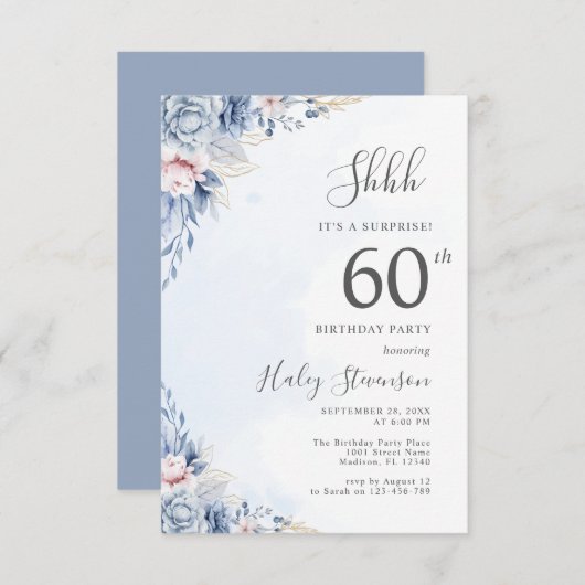 水彩ダスティブルーサプライズ60th誕生日パーティー 招待状 (正面/裏面)