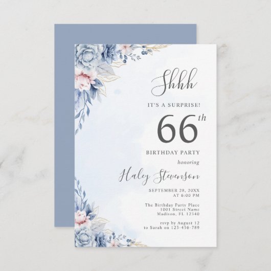 水彩ダスティブルーサプライズ66thバースデーパーティー 招待状 (正面/裏面)