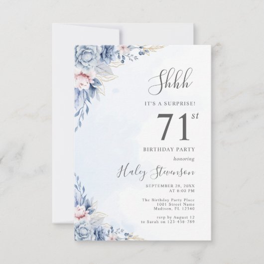 水彩ダスティブルーサプライズ71stバースデーパーティー 招待状 (正面)