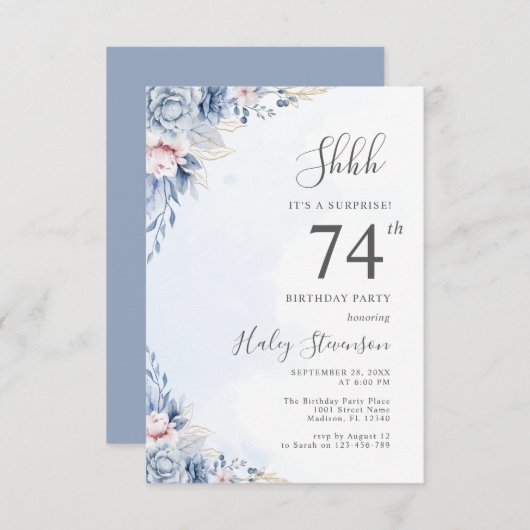 水彩ダスティブルーサプライズ74thバースデーパーティー 招待状 (正面/裏面)