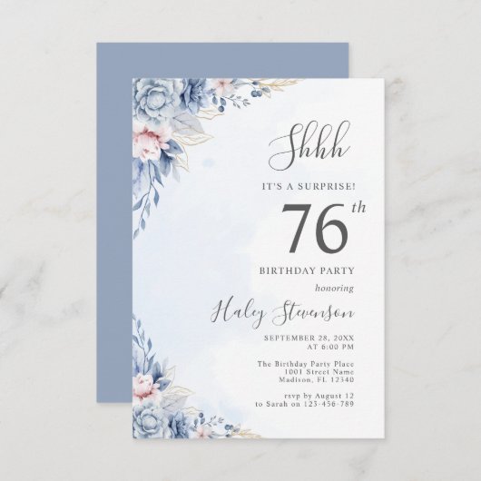 水彩ダスティブルーサプライズ76thバースデーパーティー 招待状 (正面/裏面)