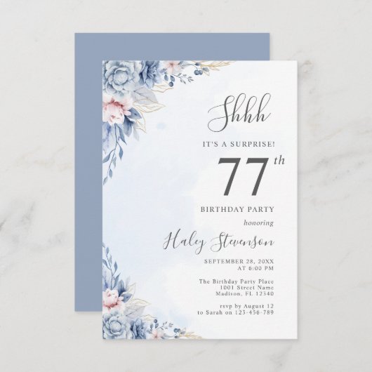 水彩ダスティブルーサプライズ77thバースデーパーティー 招待状 (正面/裏面)