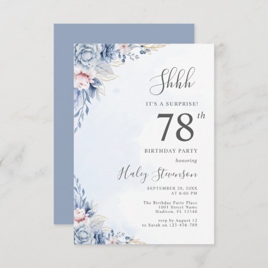 水彩ダスティブルーサプライズ78thバースデーパーティー 招待状 (正面/裏面)