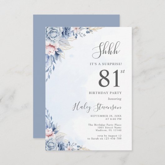 水彩ダスティブルーサプライズ81stバースデーパーティー 招待状 (正面/裏面)