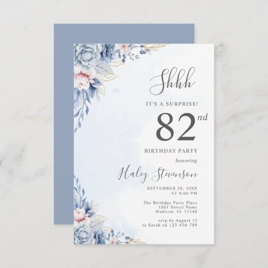 水彩ダスティブルーサプライズ82ndバースデーパーティー 招待状 (正面/裏面)