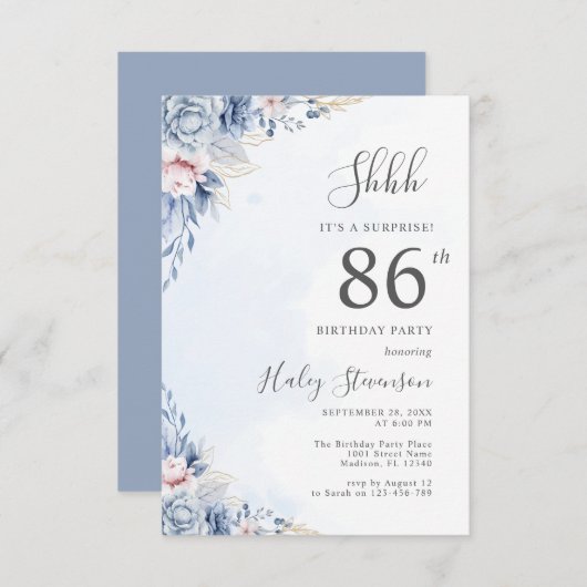 水彩ダスティブルーサプライズ86thバースデーパーティー 招待状 (正面/裏面)